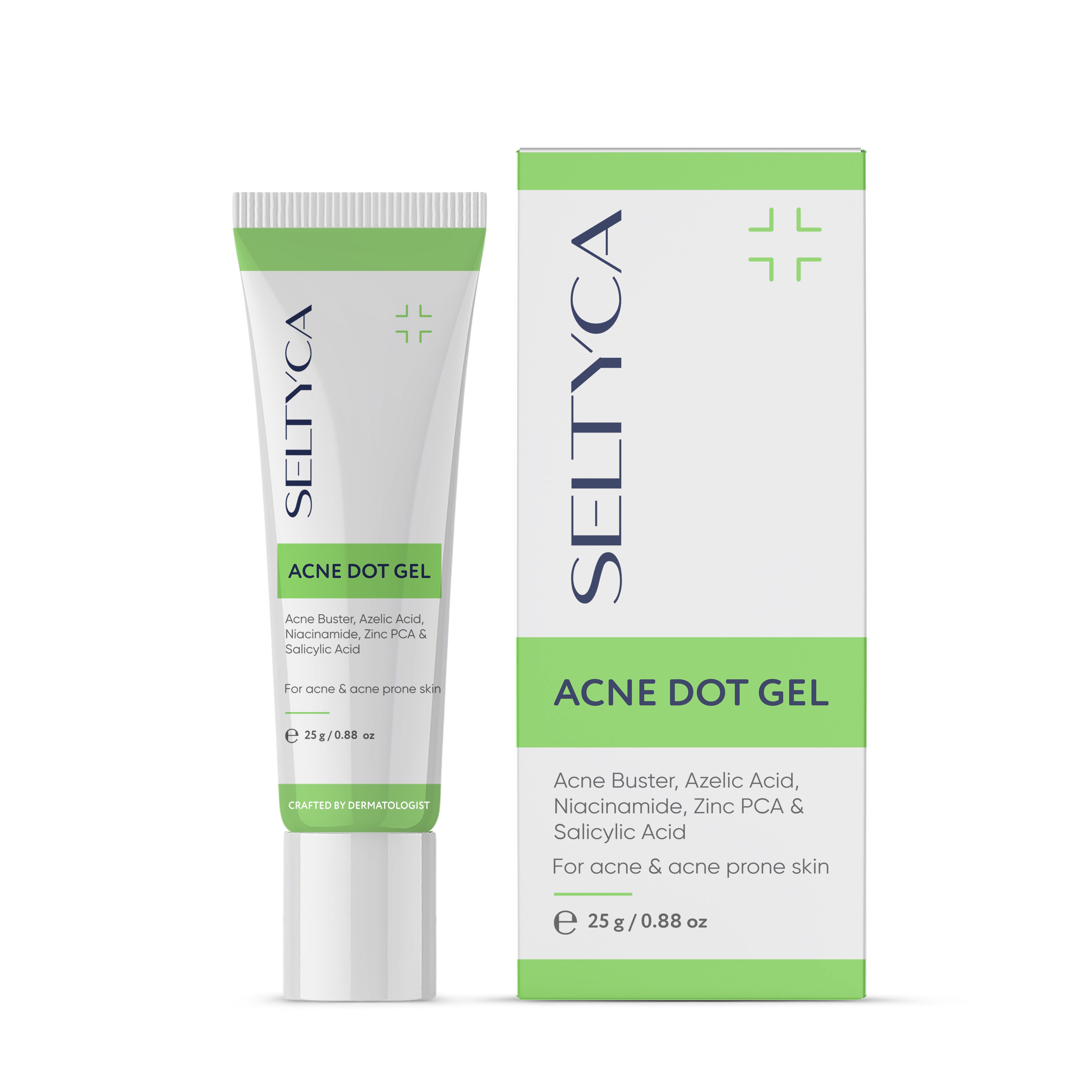 Seltyca Acne Dot Gel tube and packaging on a white background
