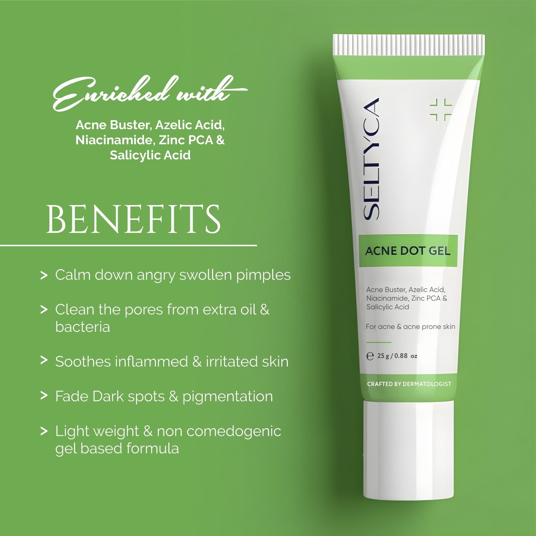 Selyca Acne Dot Gel tube on a green background with benefits listed.