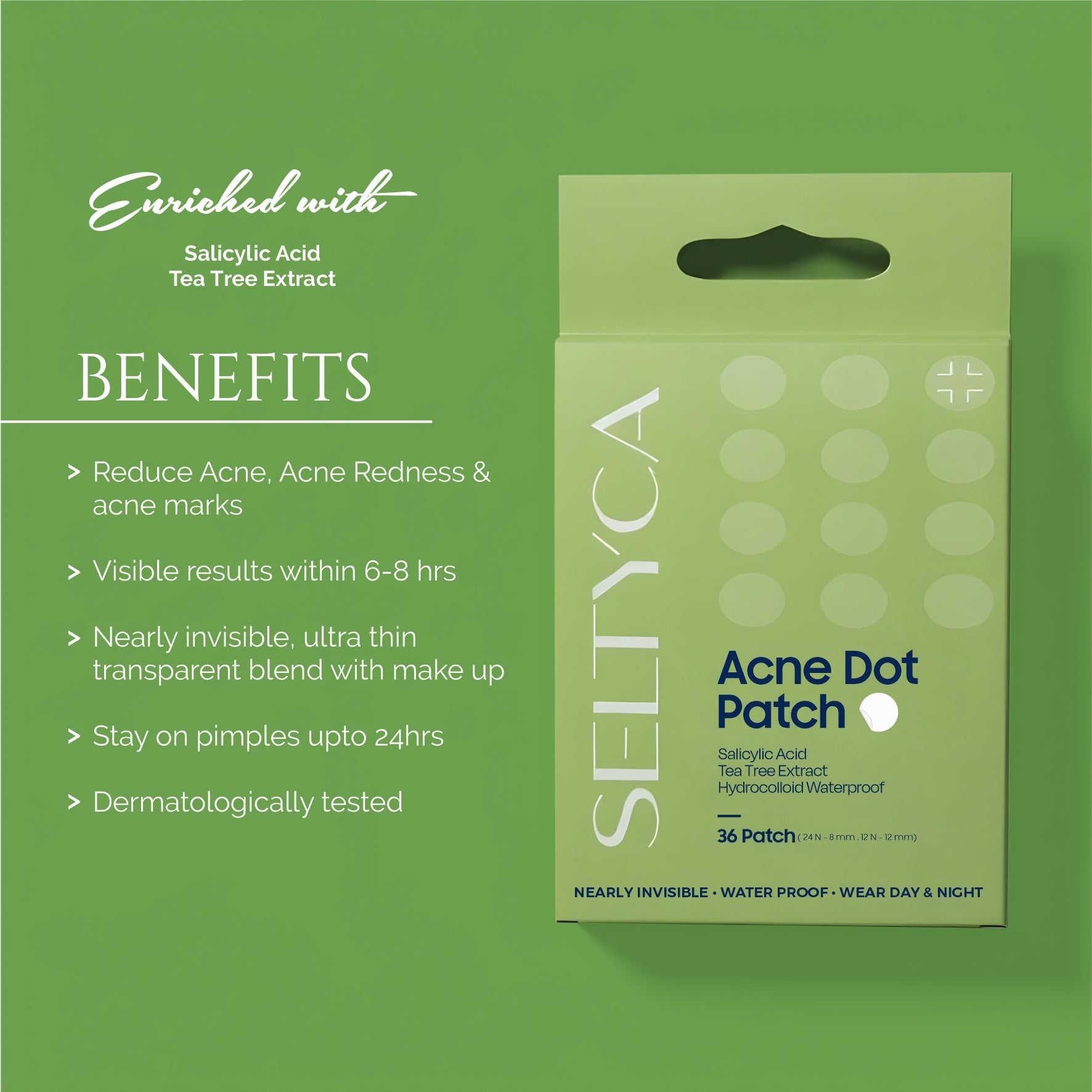 Sellyca Acne Dot Patch packaging with benefits listed on a green background