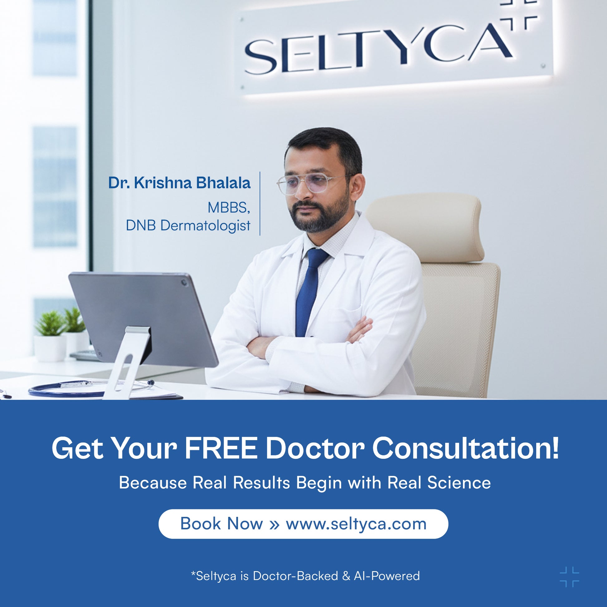 Dr Krishna Bhalala dermatologist offering free online Seltyca doctor consultation for hair loss, dandruff and skin treatment advice.