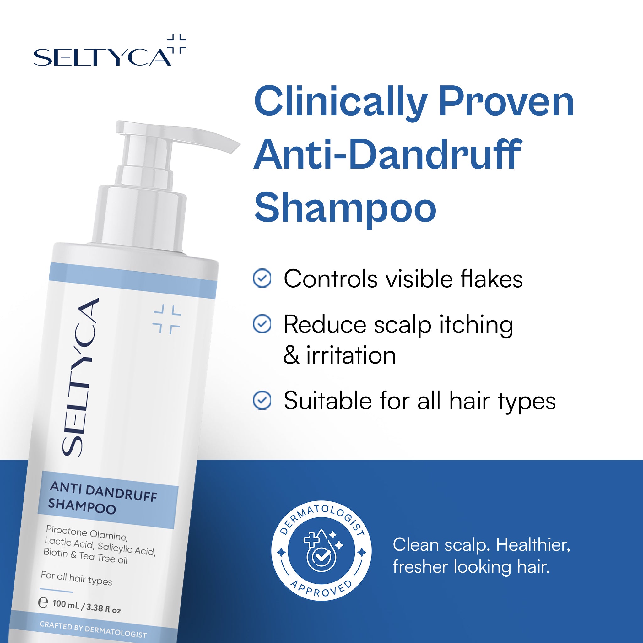Seltyca Anti-Dandruff Shampoo bottle with text showing clinically proven flake and scalp itch control.