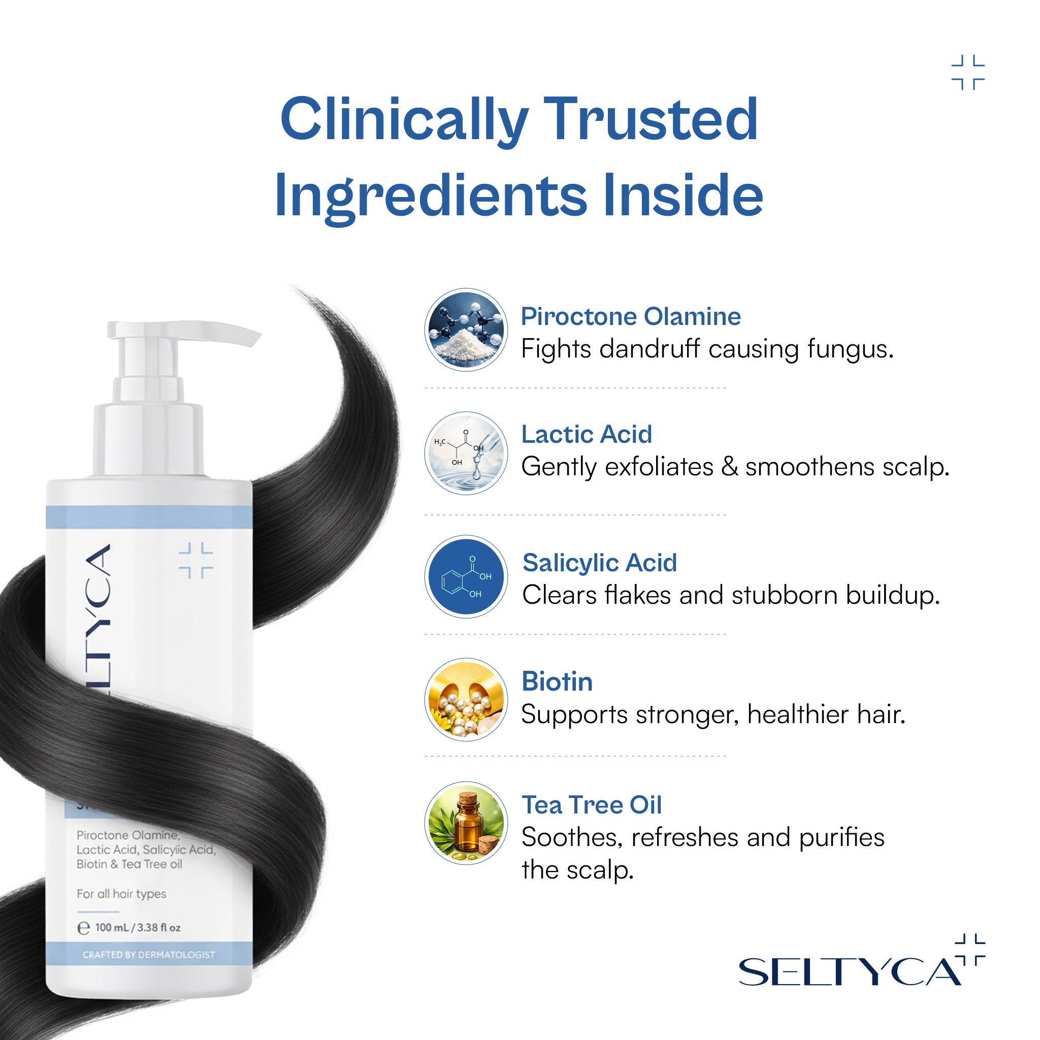 Seltyca anti dandruff shampoo with clinically trusted ingredients Piroctone Olamine, Lactic Acid, Salicylic Acid, Biotin and Tea Tree Oil for flaky, itchy scalp treatment.