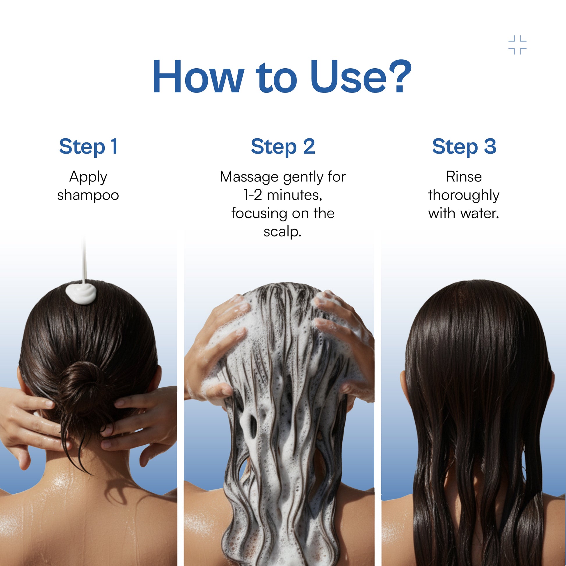 Seltyca anti dandruff shampoo how to use guide showing three steps – apply shampoo, massage scalp for 1–2 minutes, then rinse thoroughly.