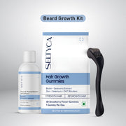 Seltyca hair growth products including a bottle, pack of gummies, and a black tool on a light gray background.