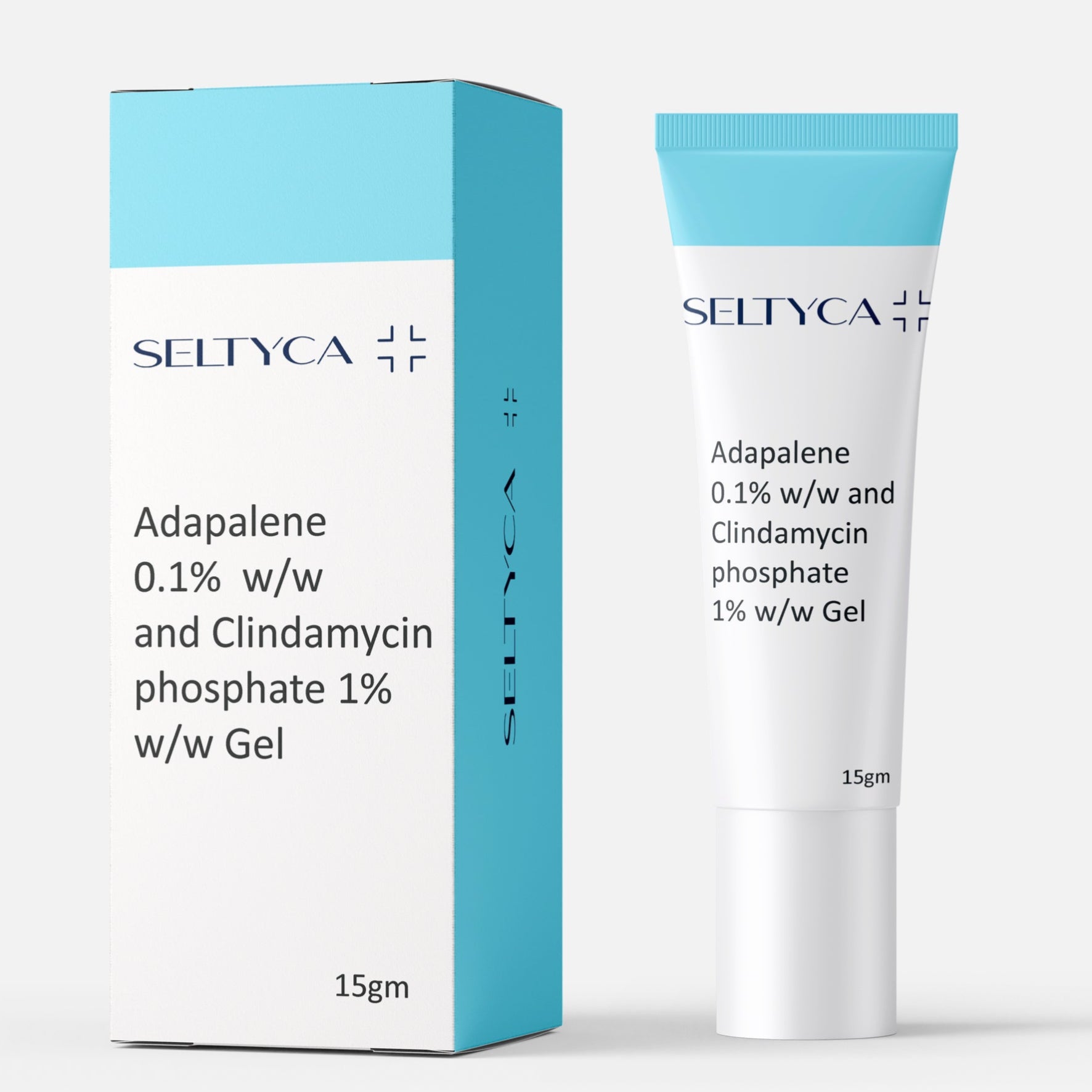 Seltyca Adapalene and Clindamycin phosphate gel packaging on a white background
