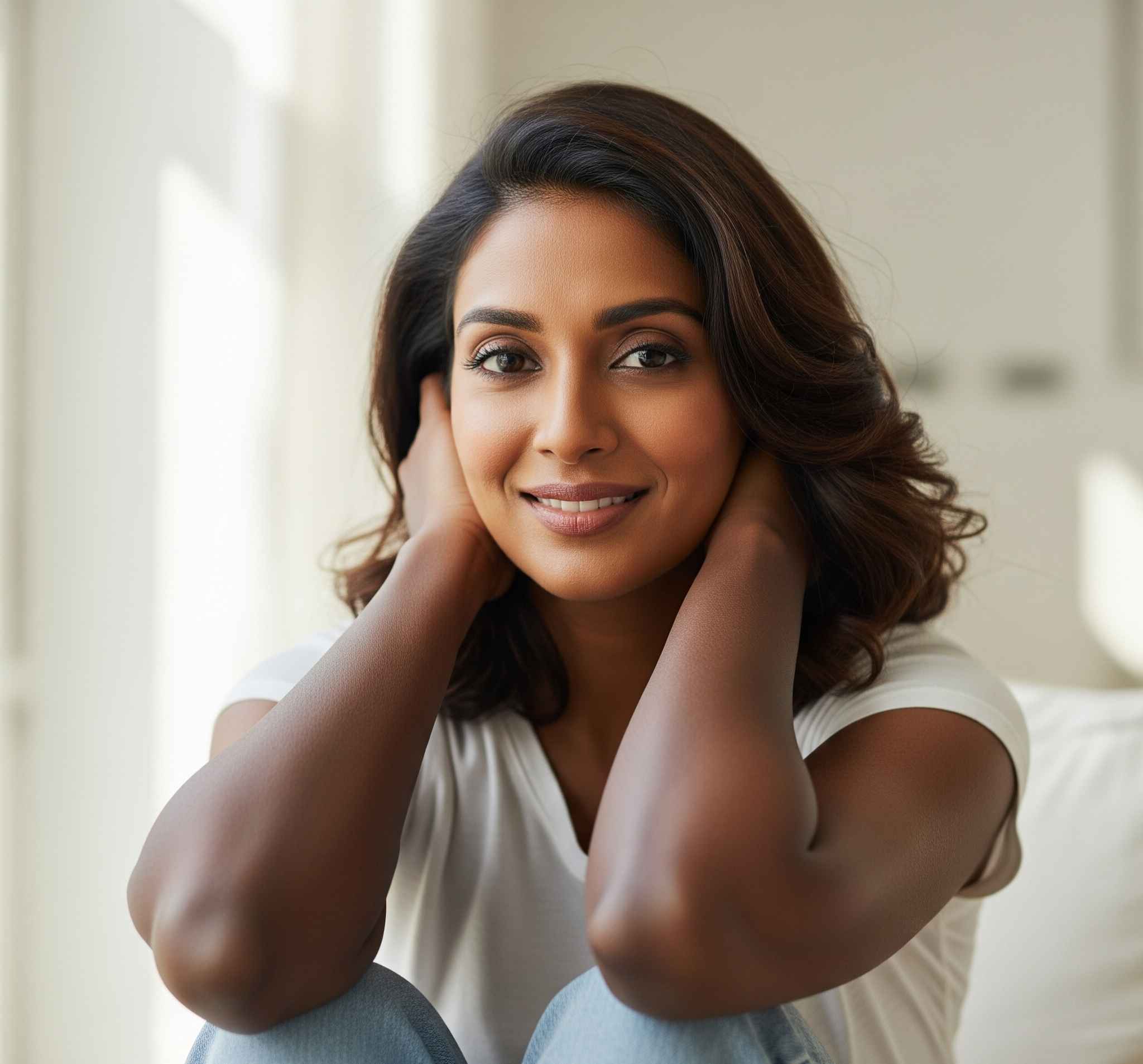 Woman sitting on a couch with her hands behind her head, smiling.