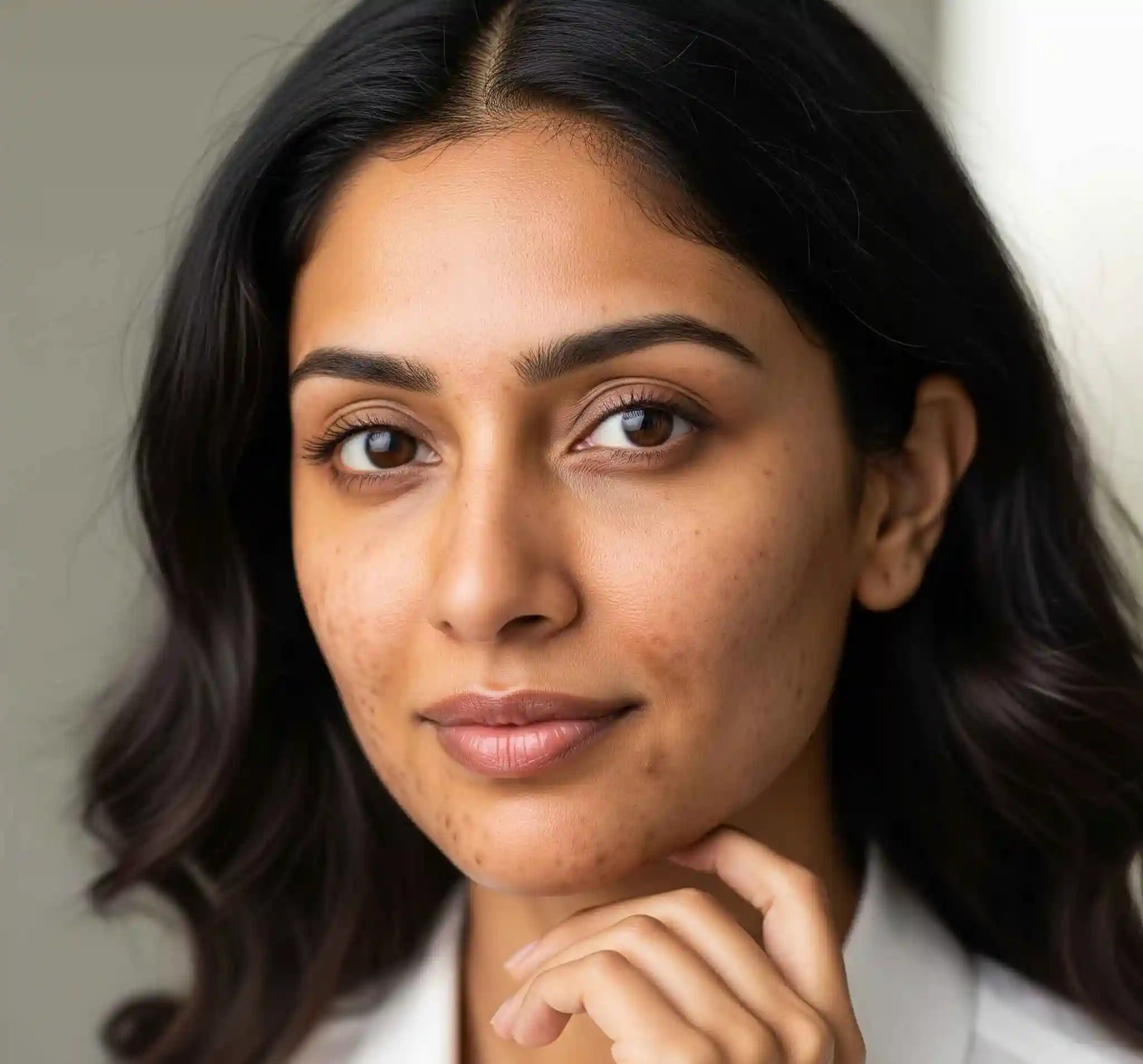 Woman with dark hair and a white shirt against a neutral background