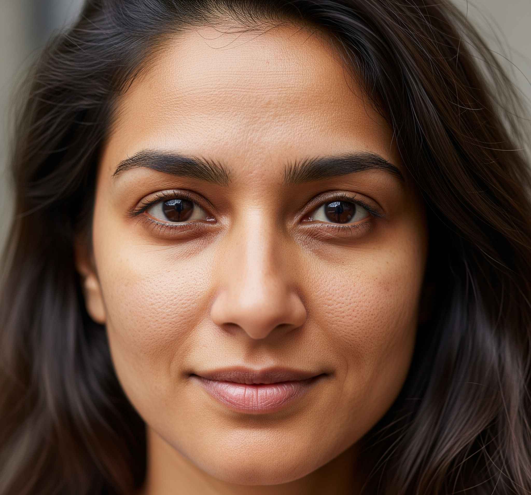 Close-up of a woman with dark hair and brown eyes.