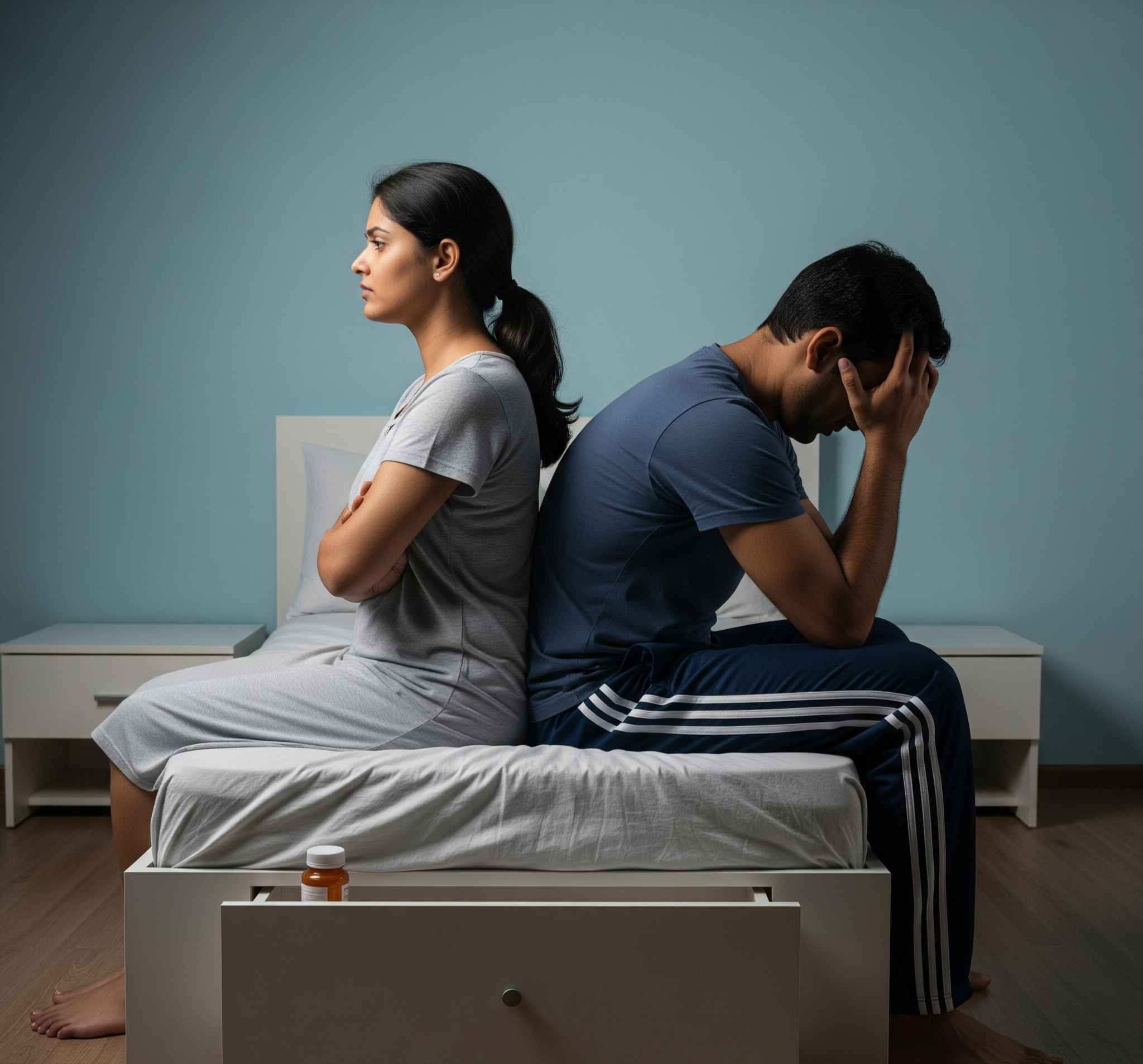 Two people sitting on a bed with a bottle of pills on the floor, indicating a troubled relationship.