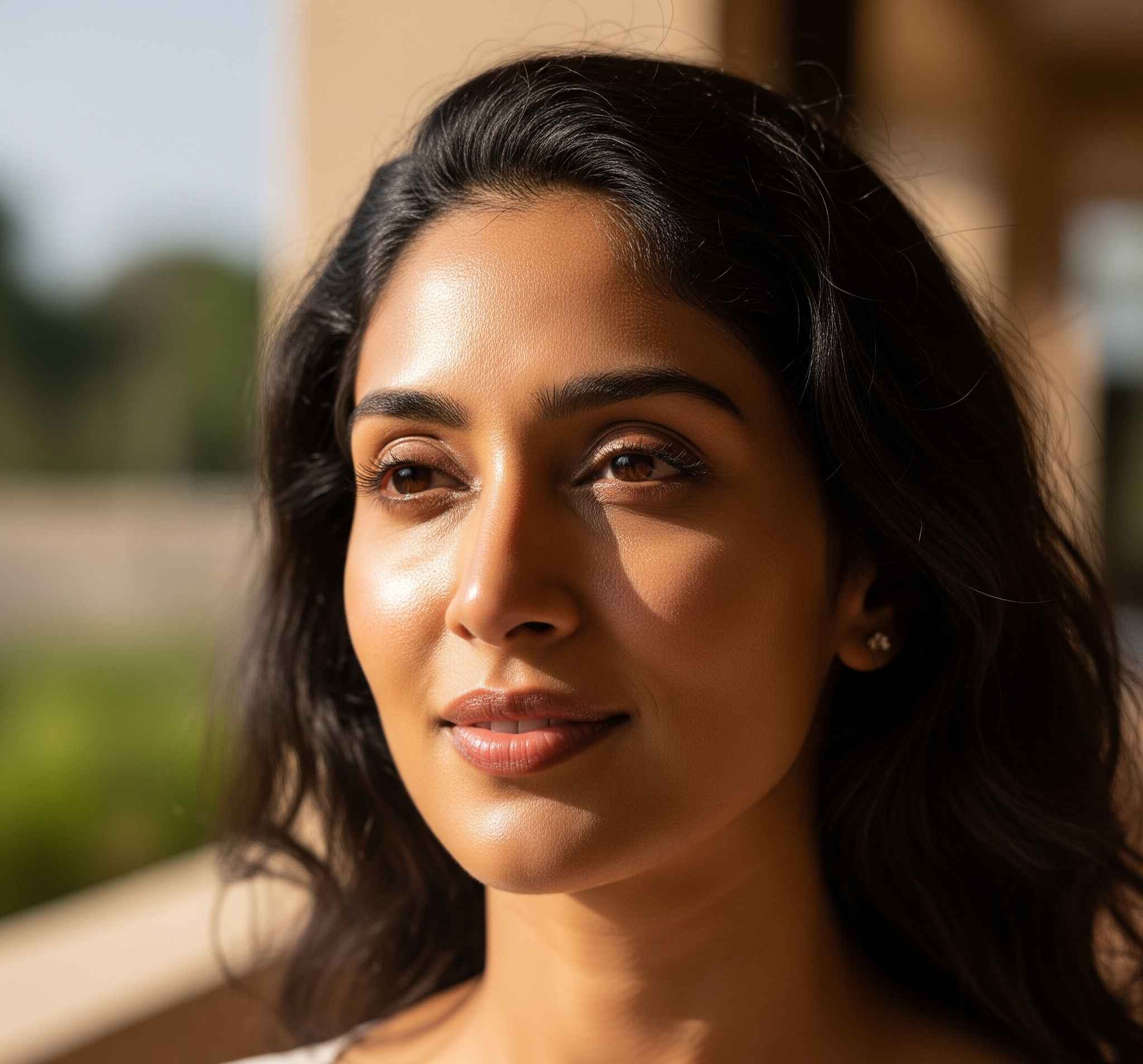 Woman with dark hair and a neutral expression outdoors