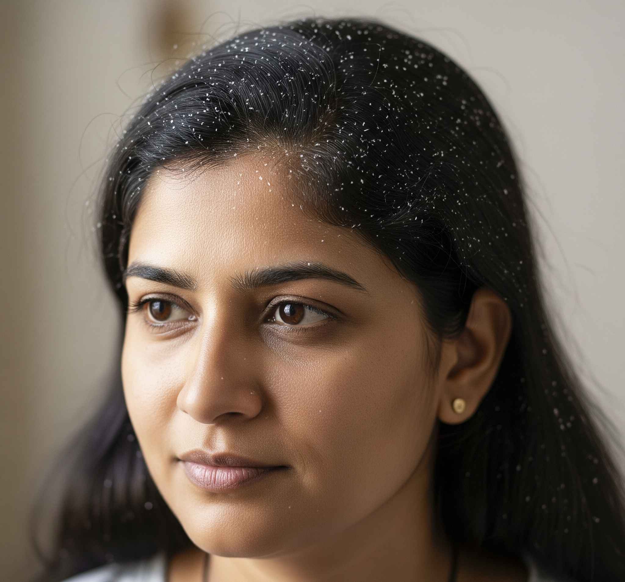 Close-up of a woman with dark hair and earrings against a neutral background