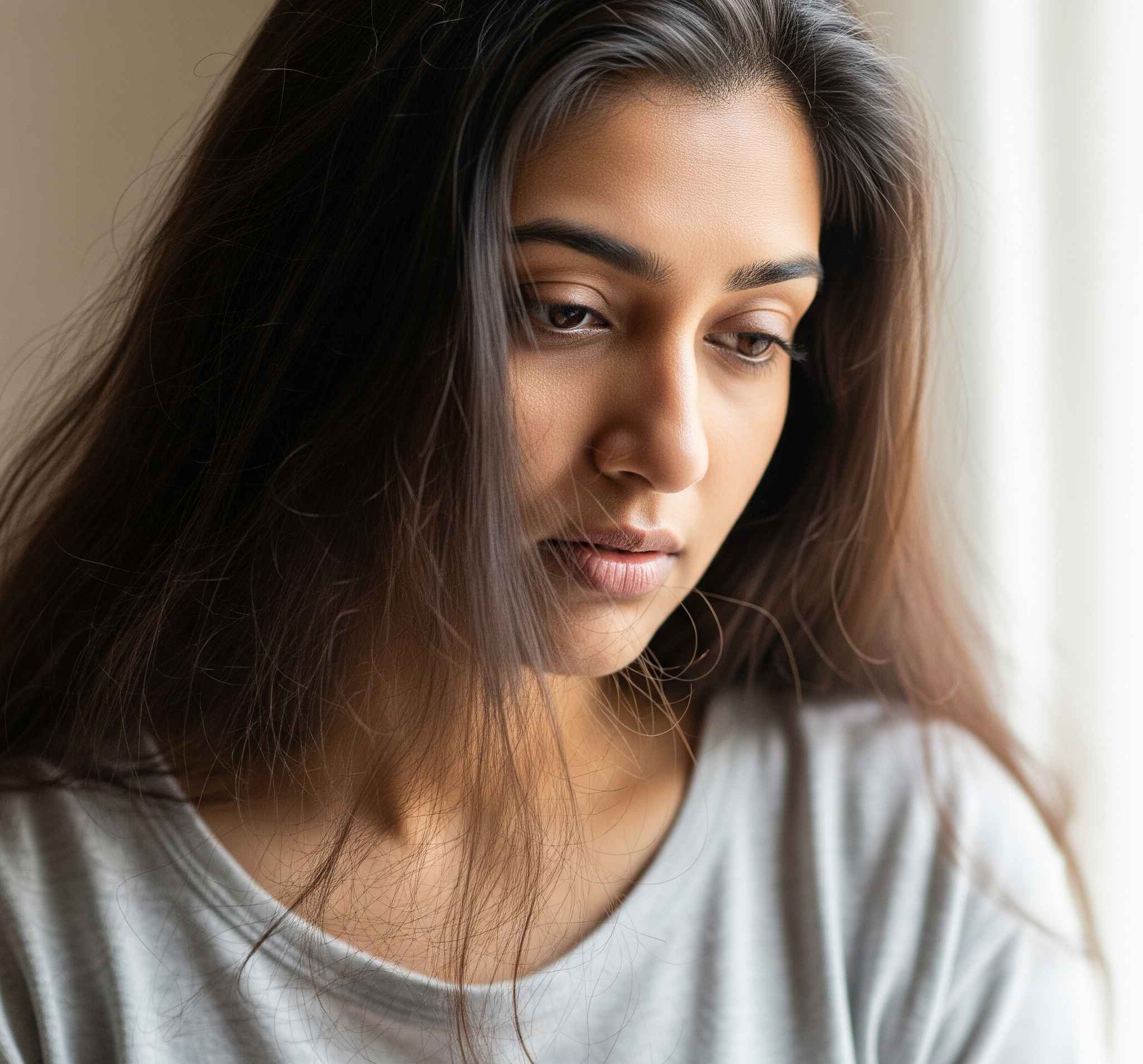 Woman with long dark hair wearing a light gray shirt.