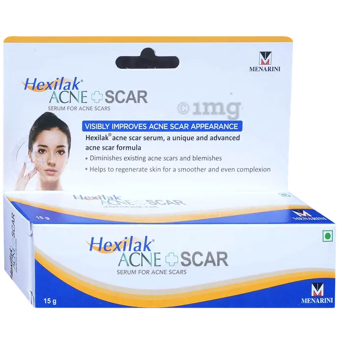 Hexilak Acne Scar serum packaging with Menarini logo on a white background