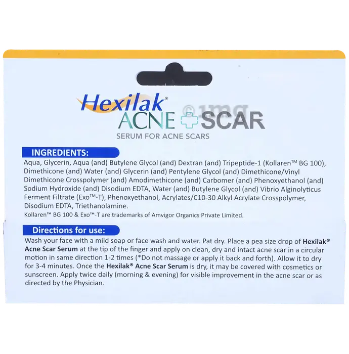 Hexilak Acne Scar serum packaging with ingredients and usage instructions.