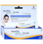 Hexilak Acne Scar serum packaging with Menarini logo on a white background