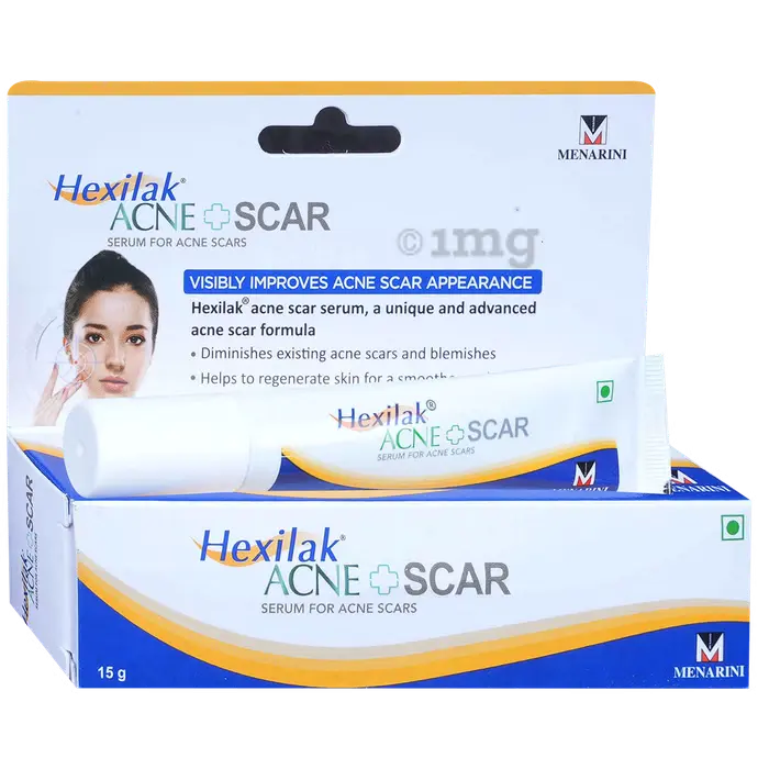 Hexilak Acne Scar serum packaging with Menarini logo on a white background