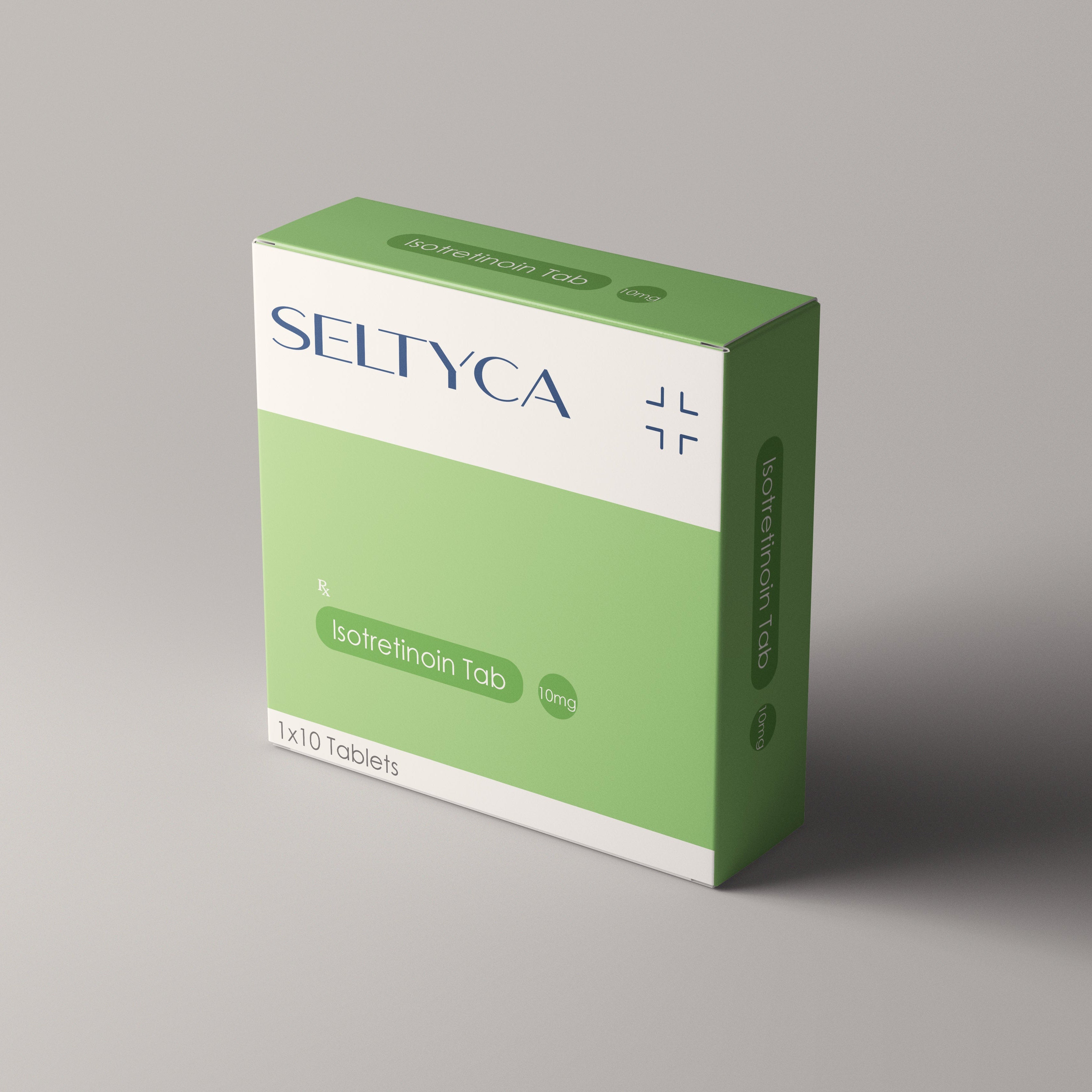 Green and white box of Seltyca tablets on a gray background