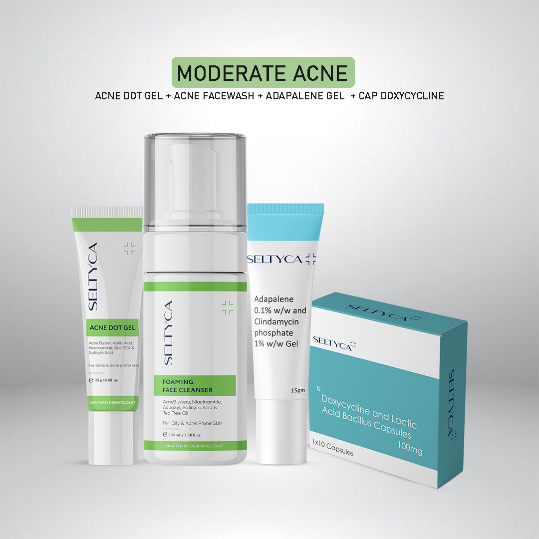 Seltyca acne treatment products including gel, face wash, and capsules on a white background