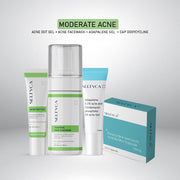 Seltyca acne treatment products including gel, face wash, and capsules on a white background