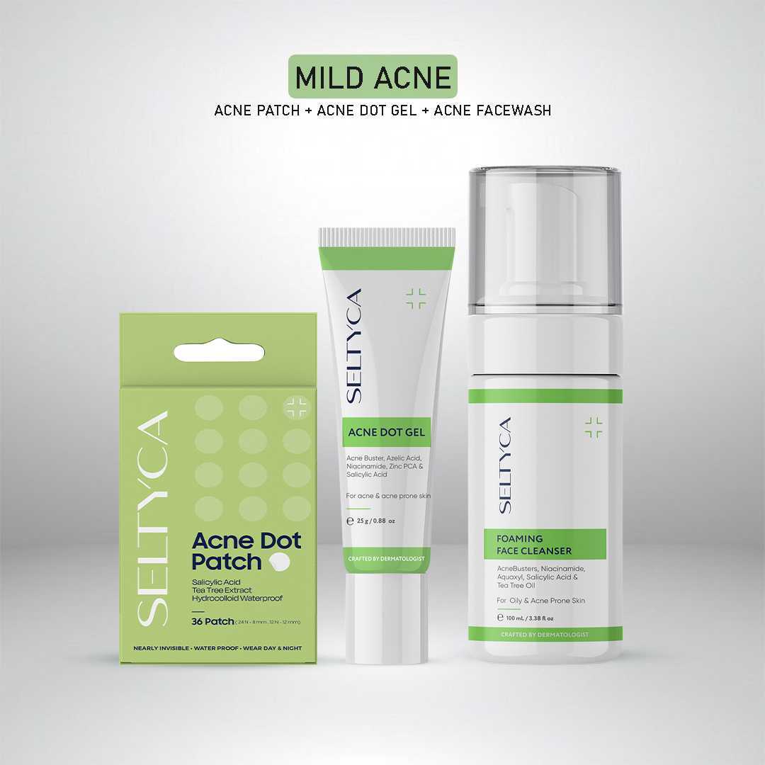 Seltyca mild acne treatment products including patches, gel, and face wash on a white background
