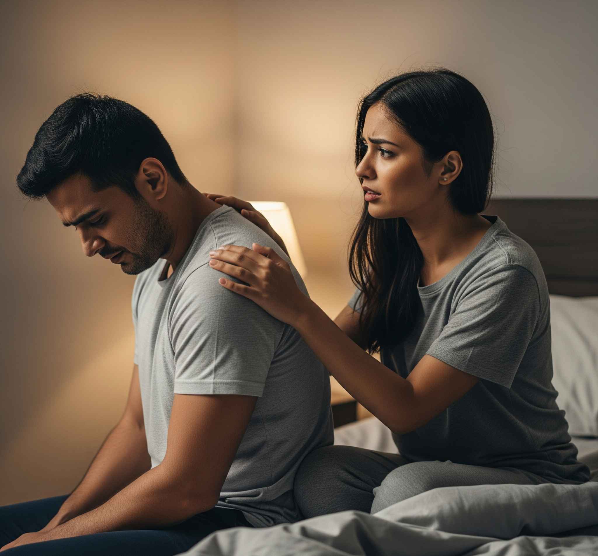Man and woman sitting on a bed, looking concerned, in a dimly lit room.