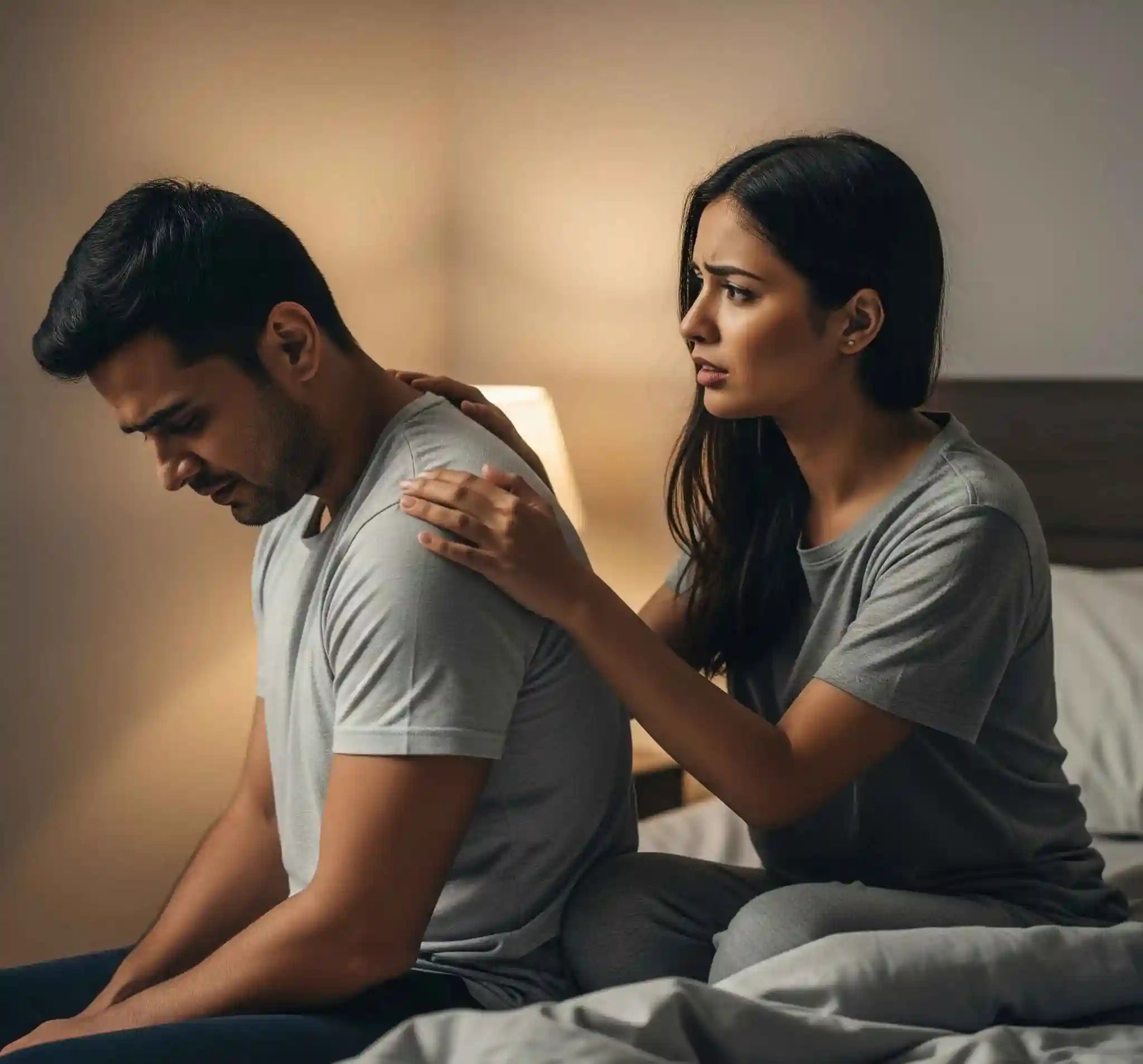 Man and woman sitting on a bed, looking concerned, in a dimly lit room.