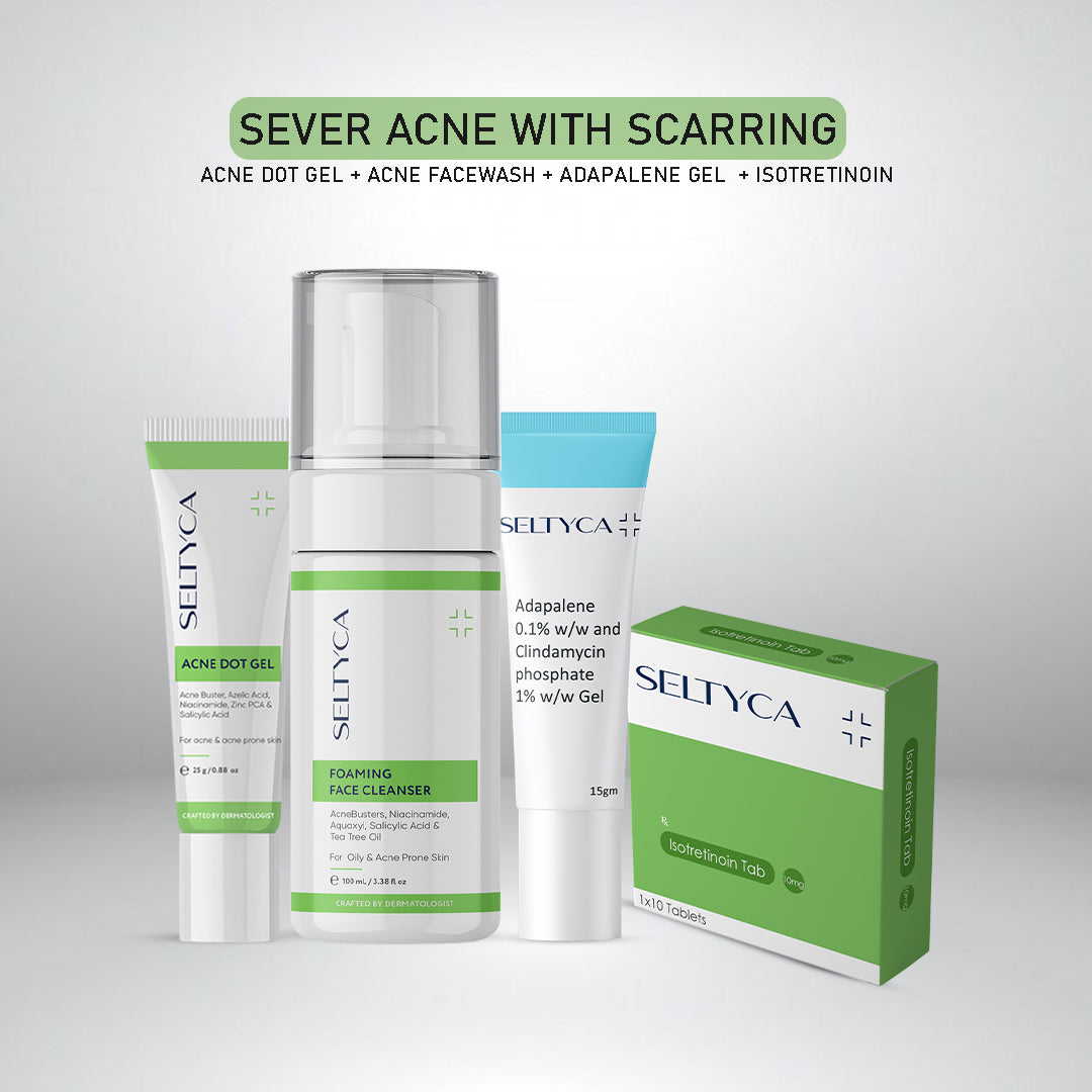 Seltyca skincare products for severe acne with scarring on a white background