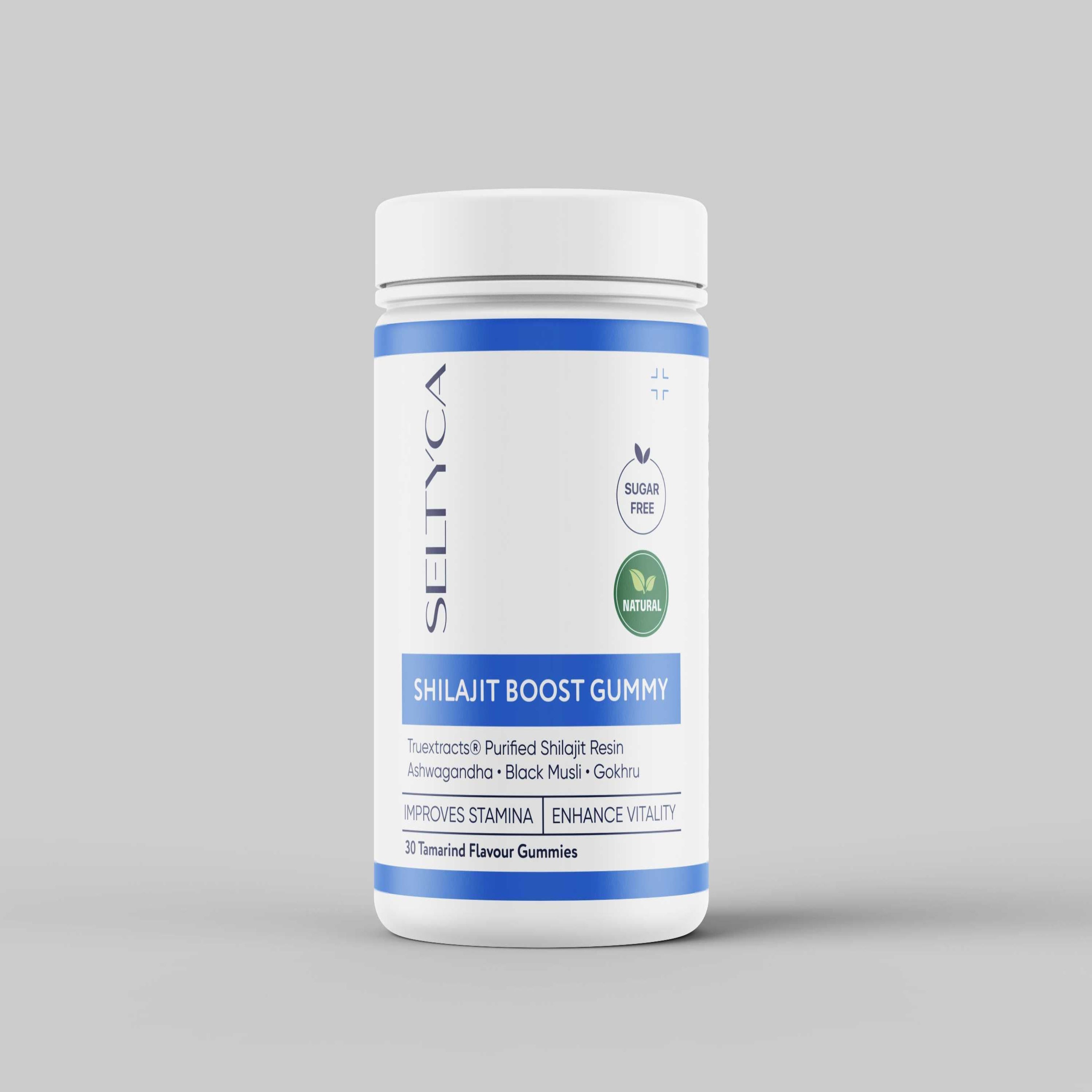 Seliuca Shilajit Boost Gummy container on a gray background