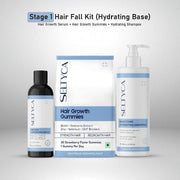 Seltyca hair care product set including serum, gummies, and shampoo on a white background