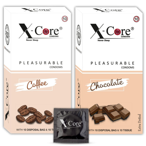 Two boxes of X-Core Pleasurable Condoms, one coffee-flavored and one chocolate-flavored, with a small sample pack included.