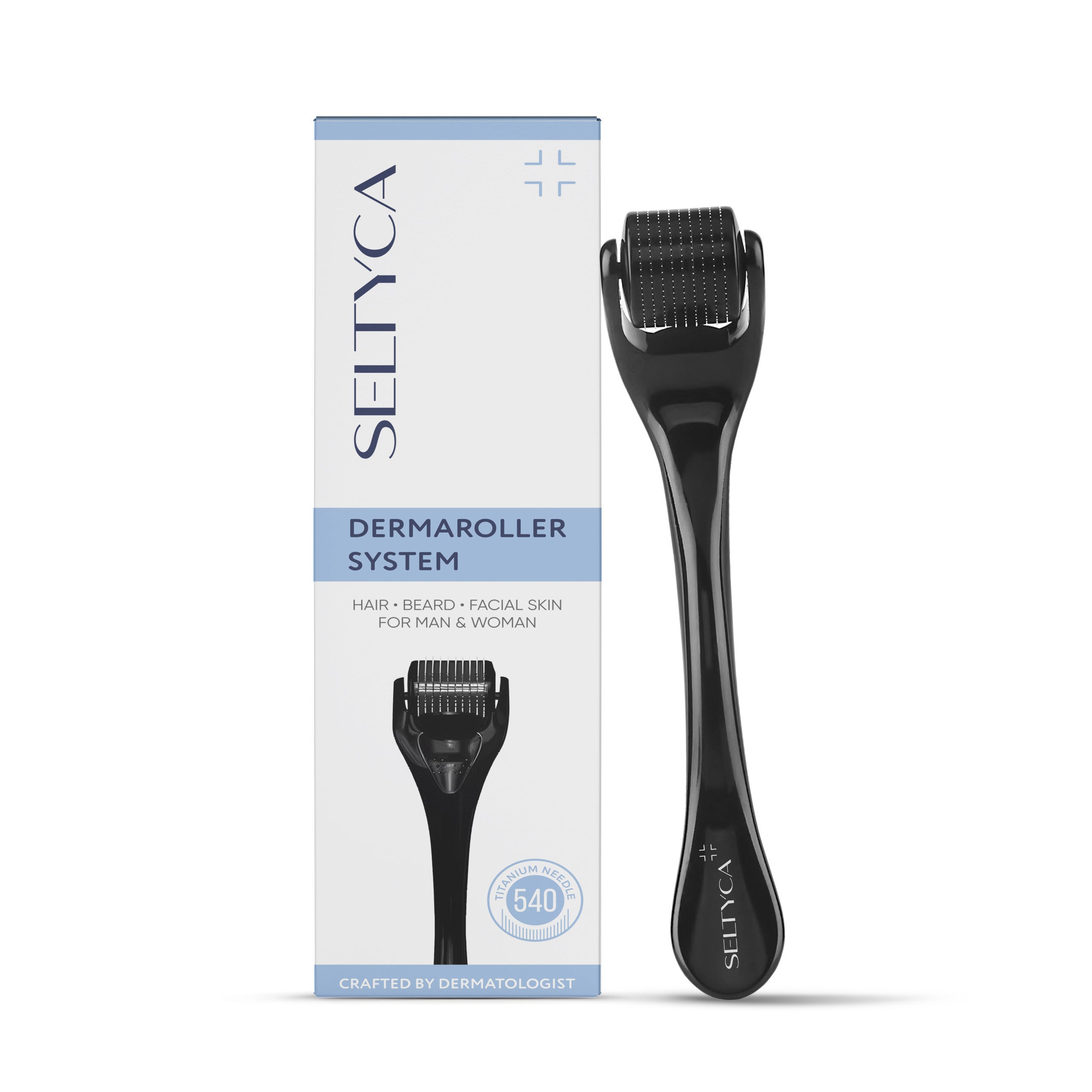 Seltyca dermaroller system with packaging on a white background