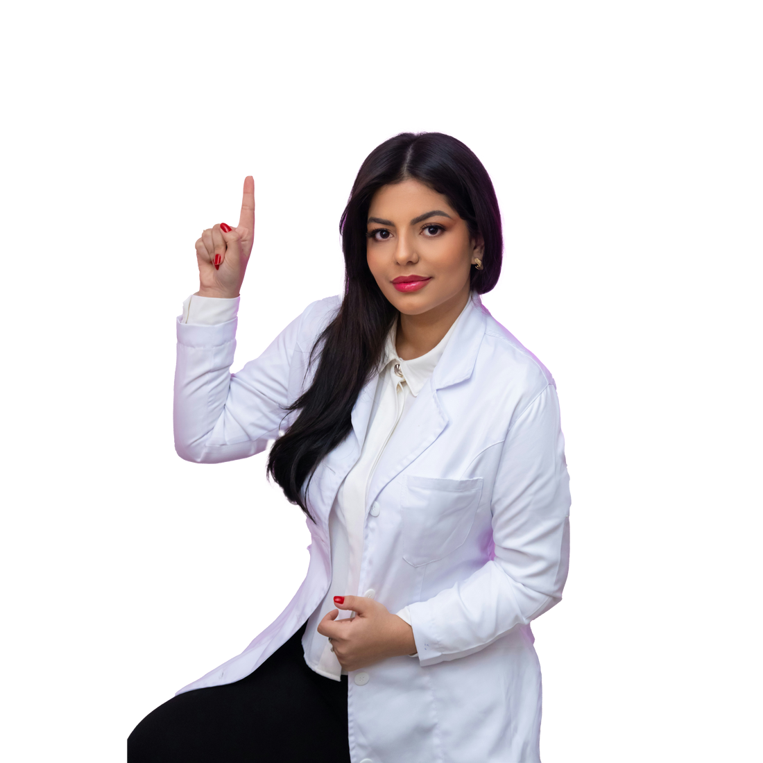 Woman in a white lab coat pointing upwards with one finger on a white background