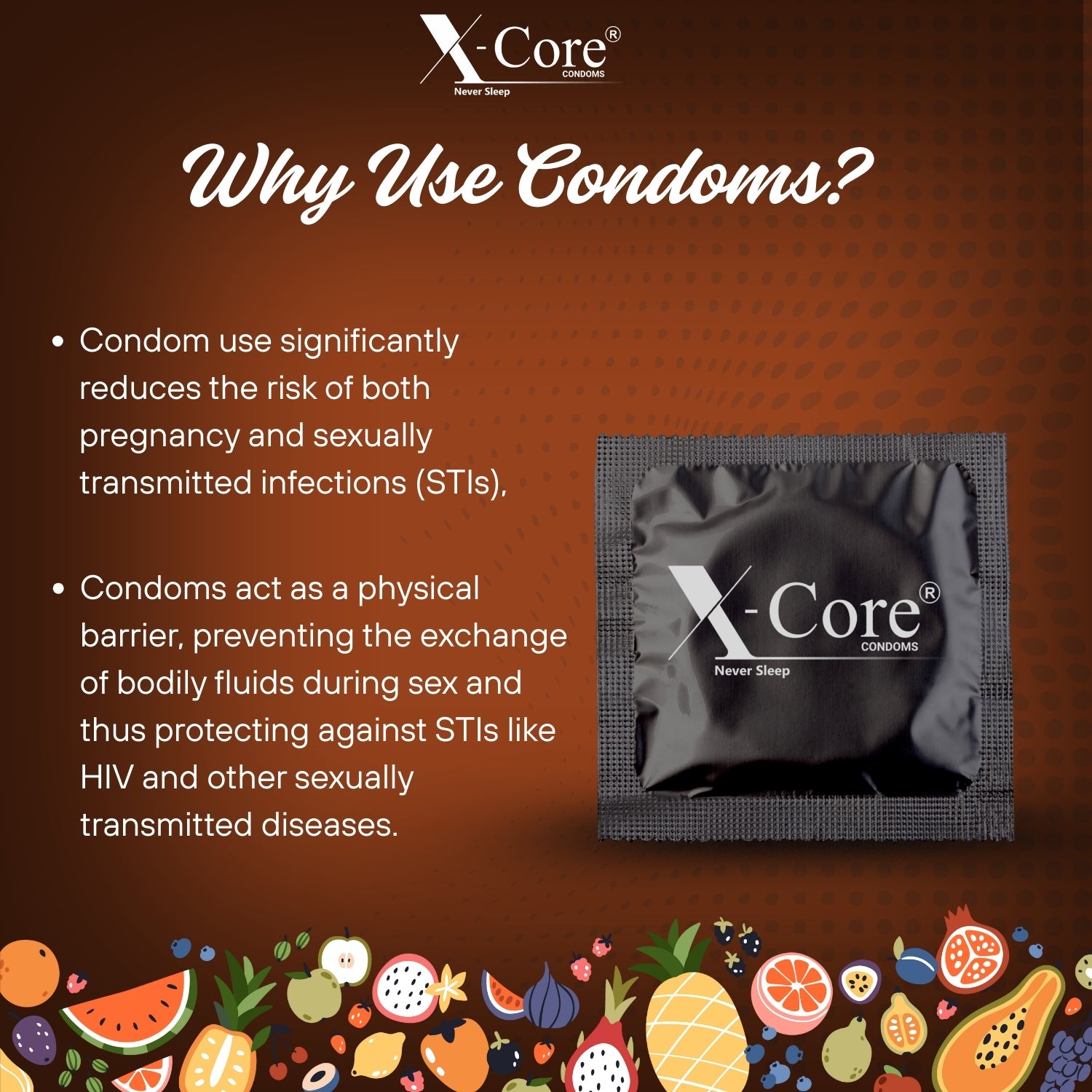 X-Core condoms packaging with text on a brown background
